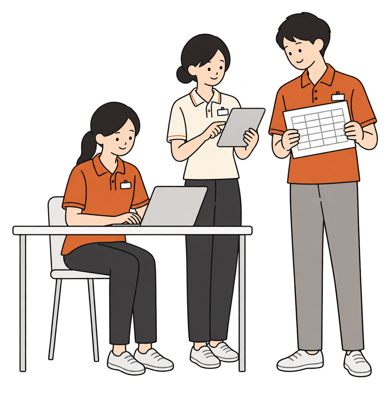 介護スタッフがパソコンとタブレットで記録や訪問予定を一緒に確認するイラスト